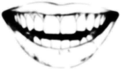 Black and white halftone close-up of a wide smile with visible teeth
