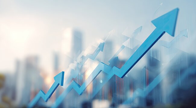 Abstract graphic of rising arrows over city