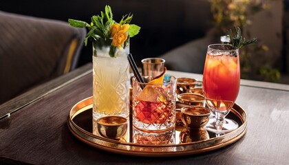 elegant cocktail setup with garnished drinks and decorative elements on stylish trays