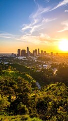 Sunset cityscape view from a hilltop, showcasing a sprawling metropolis bathed in golden light