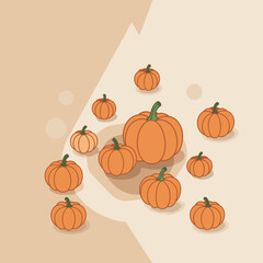 Pumpkin illustration with autumnal color palette in a flat design style. Falling pumpkins against a light beige background with abstract shapes, creating a festive autumnal scene.