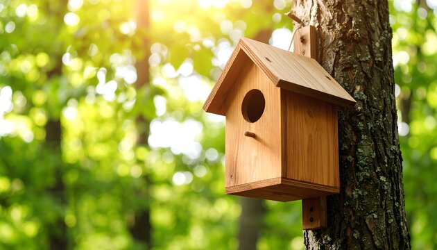 Wooden birdhouse mounted on a tree in a sun-dappled forest - Powered by Adobe