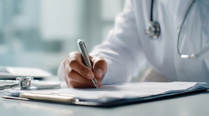 The doctor writing important notes in a medical consultation at a clinic.