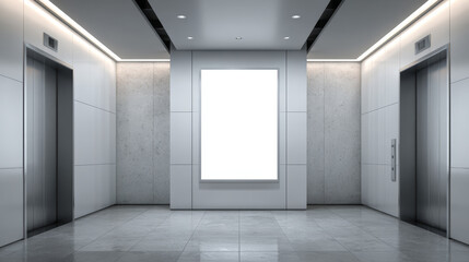 Modern elevator lobby with blank vertical poster, sleek design and reflective floor, bright lighting creating clean and spacious atmosphere