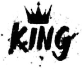 Black halftone crown and king text graffiti with splatters