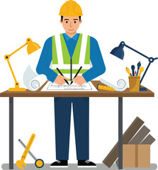 Fototapeta premium Construction engineer working on blueprint planning at desk with tools and lamps in office vector illustration