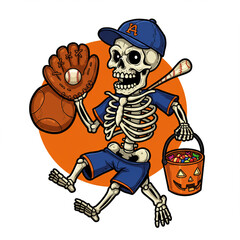 Cartoon Skeleton Plays Halloween Baseball with Candy Bucket on White.