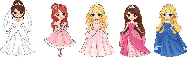 Cute princess girls in elegant dresses and crowns, holding roses and fan, fairytale vector illustration for children’s design, storybook, and decor © MDABDULLAHAL