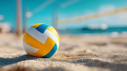 Volleyball on sandy beach with blurred net and ocean background, bright sunny day creating lively and energetic atmosphere