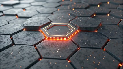 Futuristic hexagonal metallic surface with glowing orange neon lights and sparks creating a technological background