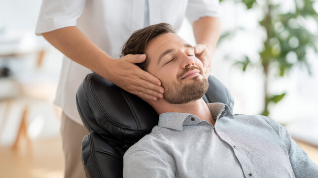 Man receiving head massage in wellness center, relaxation and stress relief concept with peaceful expression