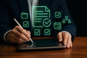 Professional signing digital document on tablet with stylus, surrounded by glowing green icons for tasks, approval, calendar, and workflow