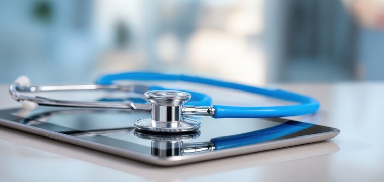 The stethoscope placed on a tablet in a modern healthcare setting
