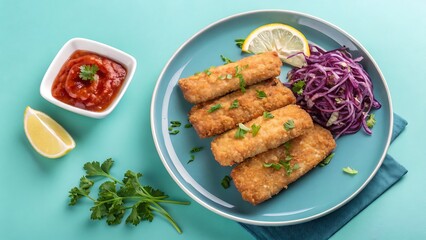 Crispy fried fish sticks served with red cabbage slaw and tangy dipping sauce on a blue plate with fresh parsley and lemon