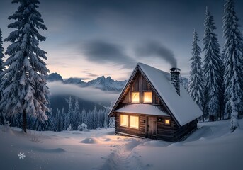 Cozy cabin in snowy mountains at dusk silhouette