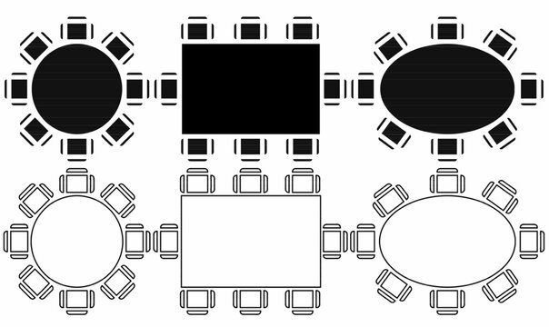 Vector illustration ,icon top view of meeting room table layouts in round, oval, and rectangular shapes with chairs, ideal for floor plans, architecture, interior design, and office planning.