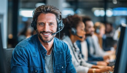 Fototapeta premium Close-up of a smiling mature man with a headset working at a computer in a busy environment with colleagues in the background