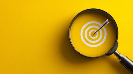 Magnifying glass focusing arrow hitting center of target on yellow backdrop, top view. Concept for objective strategy, business focus and goal achievement