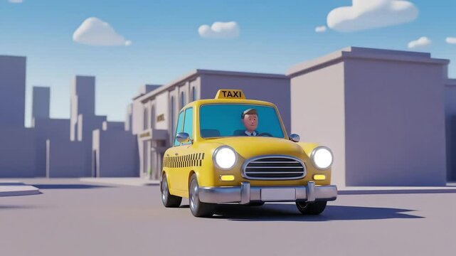 Animated yellow taxi driving through a city street, with buildings and clouds in the background