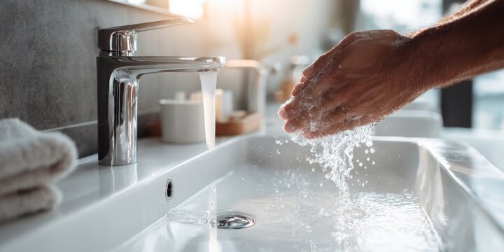 The modern bathroom sink with hands washing under running water.