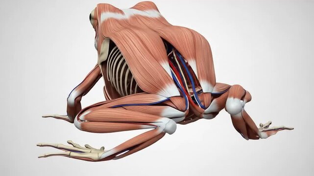 Anatomical model of a frog showcasing muscles and skeleton against a neutral background