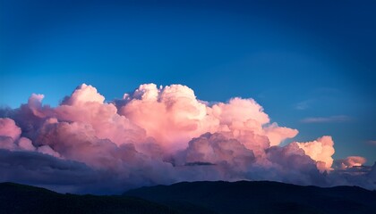 dramatic cumulus clouds billow against a deep blue sky at sunset showing pink hues and creating an ethereal inspiring vista