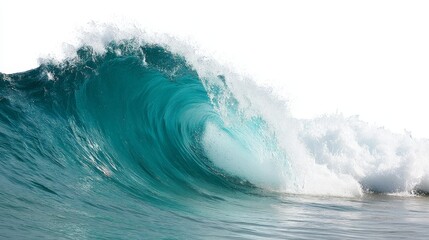 Closeup of a translucent aquamarine wave crest curling against a white background with dynamic water texture and copy space
