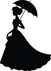 Elegant Victorian lady silhouette with umbrella, vintage fashion woman in gown, historical dress illustration, retro style figure vector, classic feminine beauty