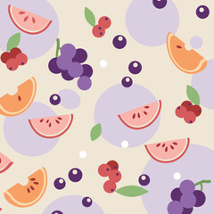 Fruit pattern with colorful slices and berries in a minimalist style. Abstract design with fruit slices and berries in various colors arranged in a repeating pattern.