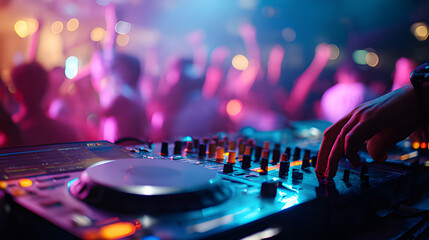 DJ hand professionalism in action adjusting audio sound mixer in a neon spotlight glowing concert, party, nightclub. 