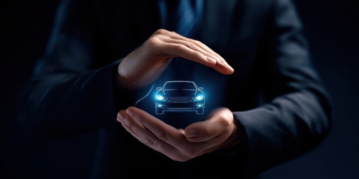 The holographic car protected by hands in a modern business environment.
