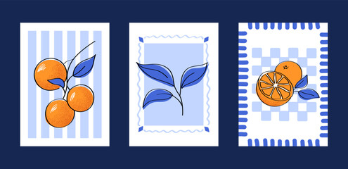 A collection of three minimalist illustrations of plants and orange fruits, oranges and tangerines in rich blue and orange tones. Perfect for art prints, fabric patterns, product packaging, kitchen