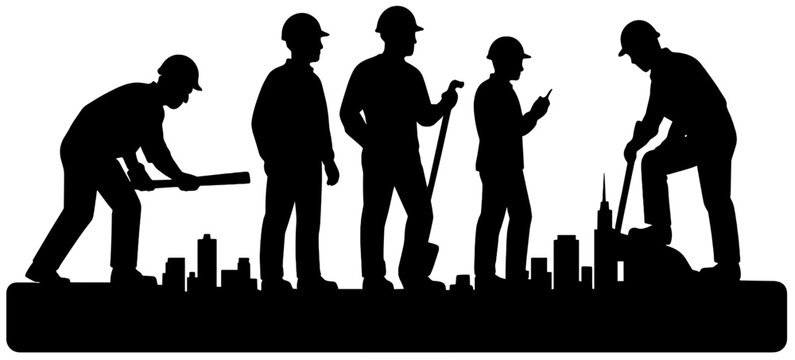 Silhouette of Construction Workers Against City Skyline