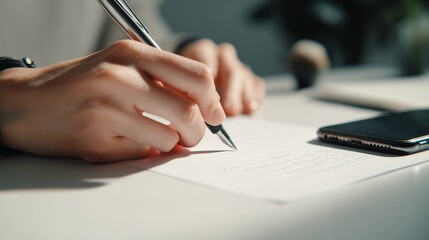 Close up of a woman's hand signing a document with a pen on a white desk with phone. concept for contract signing, business agreement and legal documentation