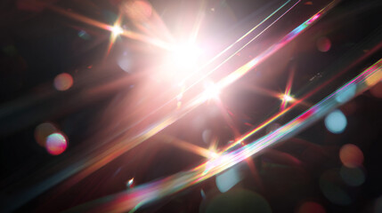 Obraz premium Background of Christmas red retro film overly, image with scratch, dust and light leaks. Xmas lens flare holographic effect background.Glowing glotter bokeh winter holidys aesthetic