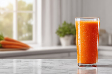 closeup shot of glass of juice resting on glossy surface surrounded by ar blurred white text bars displaying
