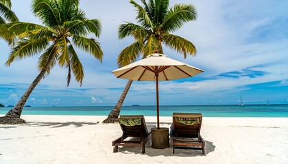 Tropical beach paradise sunloungers