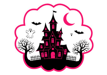 Spooky Halloween haunted house silhouette with ghost and bats. Cartoon vector illustration in pink and black for festive party decoration.