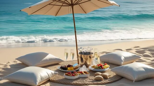 Luxury Picnic Setup on a Tropical Beach with Champagne and a Food Platter