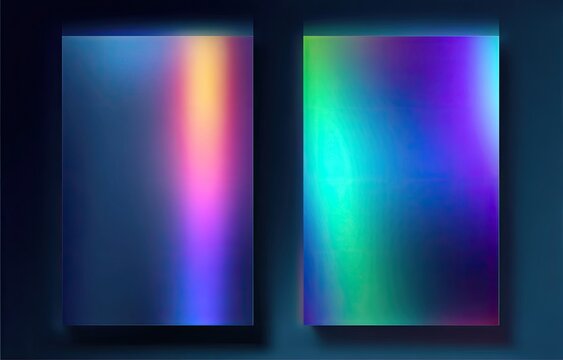 Two abstract iridescent rectangles on dark background