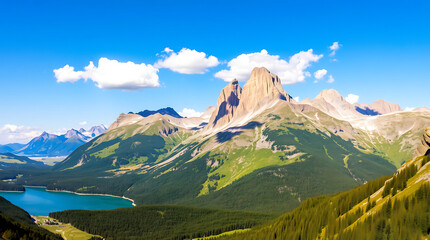 Fototapeta premium Mountain landscape of the Swiss Alps with a clear blue sky over a summer valley and a tranquil lake reflecting the high peaks