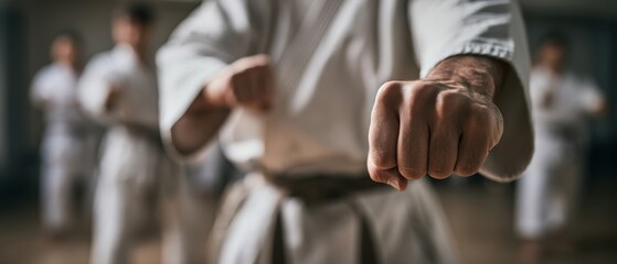 Obraz premium The martial artist demonstrating technique with a powerful punch during training session.