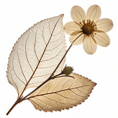 Pressed botanical leaf with dried flower branch &ndash; antique herbarium style plant specimen, delicate skeleton leaf artwork for eco-friendly crafts, retro stationery, and vintage scrapbooking