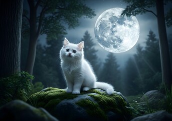 Mystical white cat under a full moon silhouette