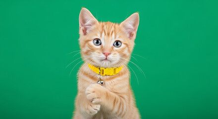 Adorable Orange Kitten with Yellow Collar on Green Background