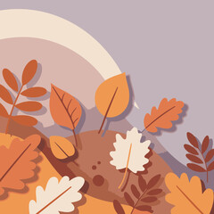 Obraz premium Autumnal leaves in various shades of orange, brown, and beige layered in a stylized landscape design. Abstract fall foliage composition with muted colors and a soft, natural feel.