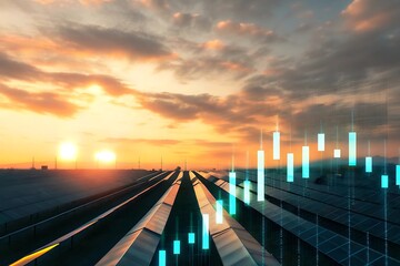 Solar energy farm at sunset with glowing financial stock market data overlay and dramatic sky