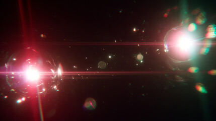 Background of Christmas red retro film overly, image with scratch, dust and light leaks. Xmas lens flare holographic effect background.Glowing glotter bokeh winter holidys aesthetic