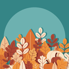 Autumnal leaves and pumpkins in a decorative paper cut style. Colorful foliage border with a teal background. Seasonal design for a Thanksgiving graphic -
