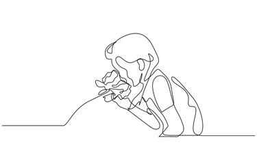 Continuous one line drawing of Child smelling flower vector illustration. Editable outline